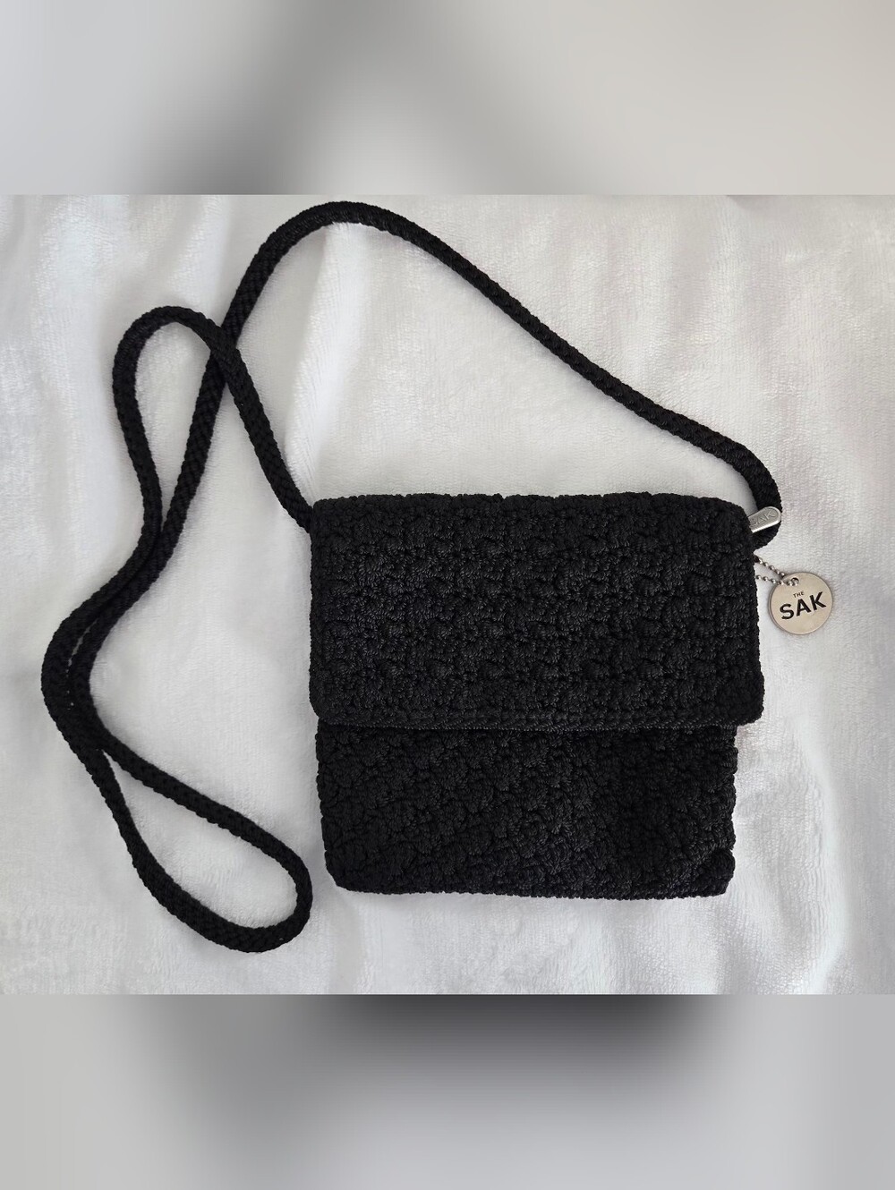 Vintage The Sak Black Crochet Mini Flap Crossbody Bag - 90s Boho Knit Purse
